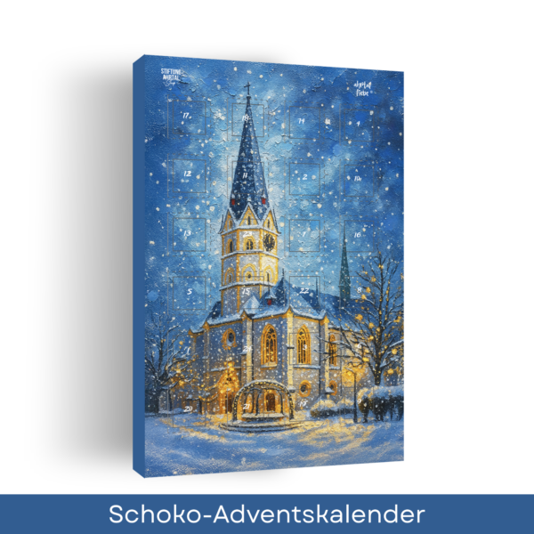 Adventskalender mit dem winterlichen Motiv der St. Laurentius-Kirche in Ahrweiler. Die Kirche ist abends beleuchtet, umgeben von Schneefall, blauen Himmeltönen und warmem Licht. Der Kalender zeigt 24 Türchen und trägt die Logos „Stiftung Ahrtal“ und „Ahrtalliebe“.