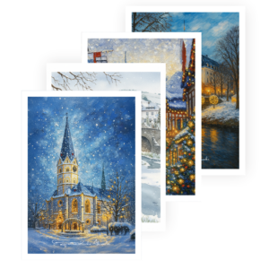 Vier weihnachtliche Klappgrußkarten mit winterlichen Motiven aus dem Ahrtal liegen leicht versetzt übereinander. Im Vordergrund ist die St.-Laurentius-Kirche in Ahrweiler bei Schneefall zu sehen, dahinter weitere stimmungsvoll beleuchtete Winterlandschaften mit Fachwerkhäusern, Fluss und Weihnachtsbaum.