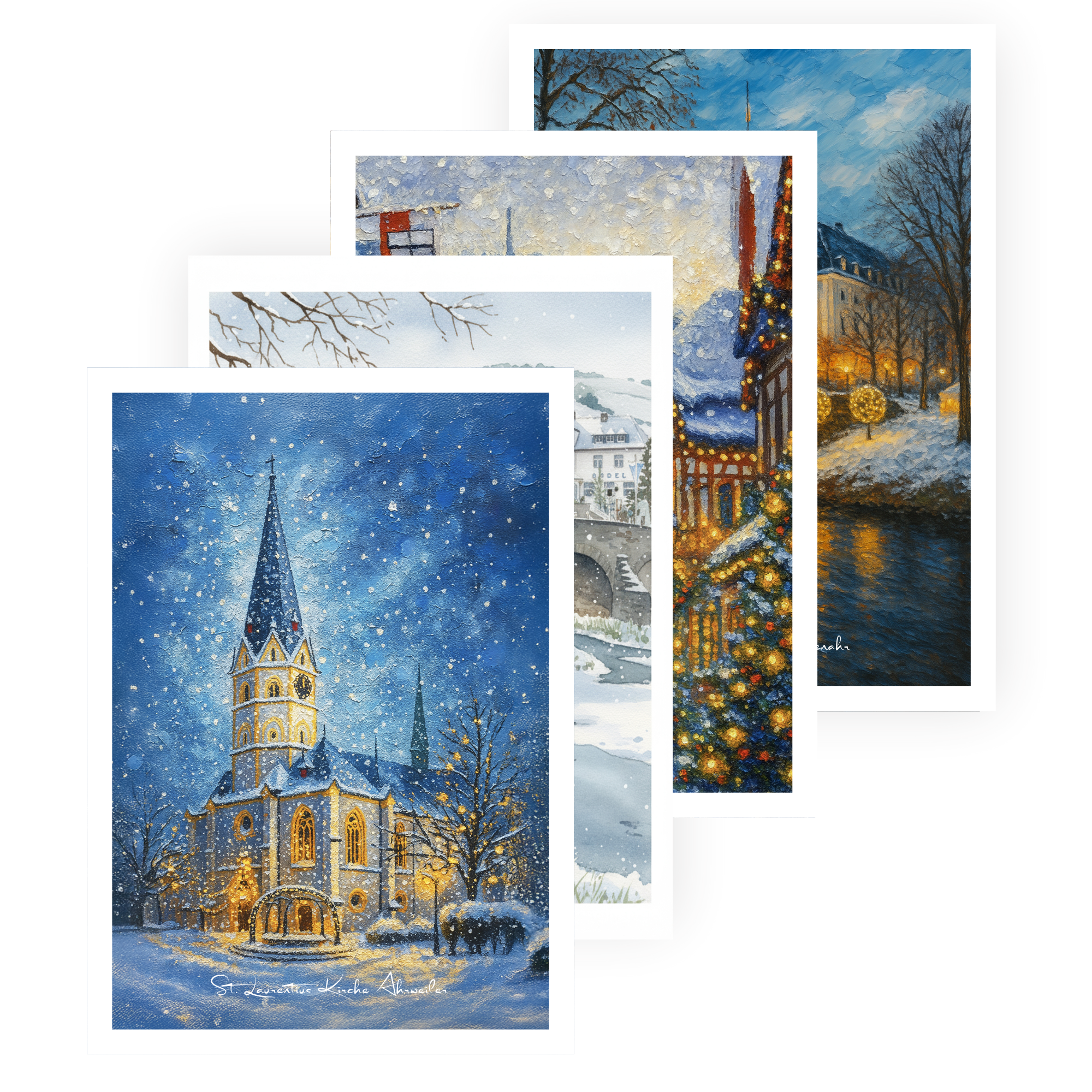 Vier weihnachtliche Klappgrußkarten mit winterlichen Motiven aus dem Ahrtal liegen leicht versetzt übereinander. Im Vordergrund ist die St.-Laurentius-Kirche in Ahrweiler bei Schneefall zu sehen, dahinter weitere stimmungsvoll beleuchtete Winterlandschaften mit Fachwerkhäusern, Fluss und Weihnachtsbaum.