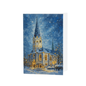 Klapp-Grußkarte mit winterlichem Motiv der St. Laurentius-Kirche in Ahrweiler. Die Kirche ist in sanftem Schneefall und warmem Lichterglanz dargestellt. Ein stimmungsvoller blauer Nachthimmel umrahmt das beleuchtete Gebäude – das Motiv des offiziellen Ahrtalliebe-Adventskalenders als festliche Weihnachtskarte.