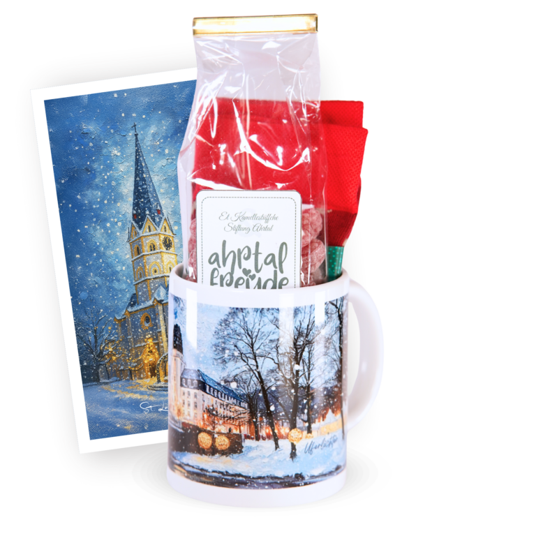 Tassengeschenkset zur Weihnachtszeit mit verschiedenen Ahrtalmotiven.